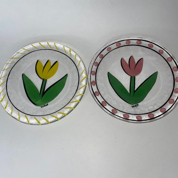KOSTA BODA Sweden Yellow Pink Tulip 7 1/2" Tulipa Salad Plates Glass Set of 2